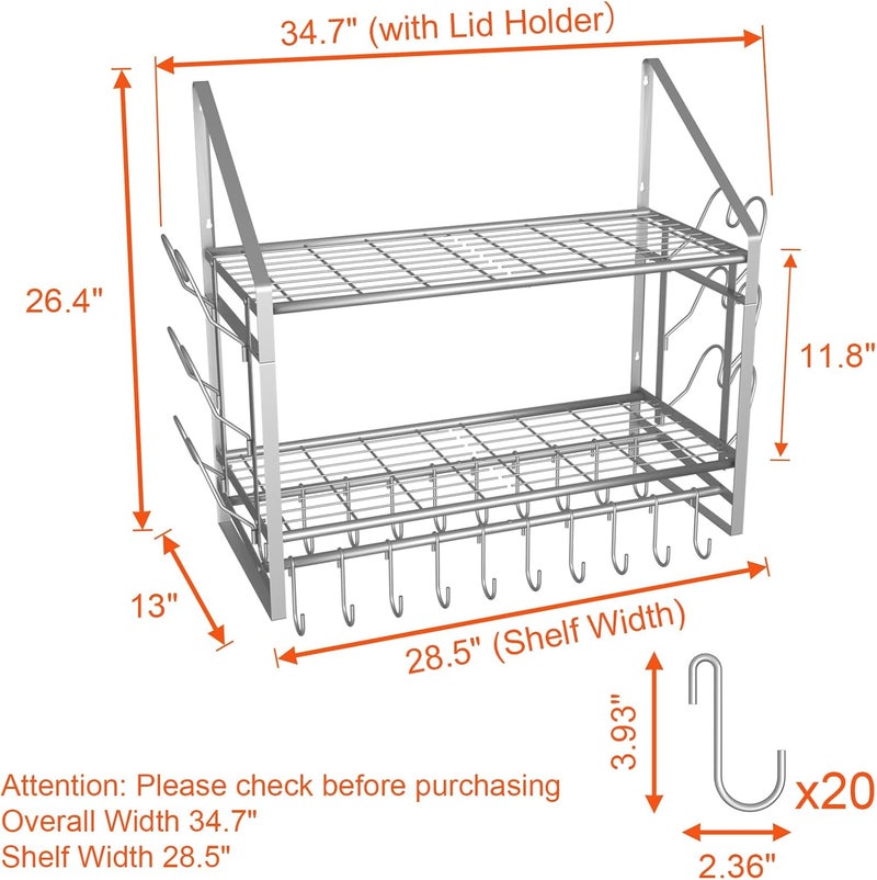 VyGrow 28 Inch Pot Rack Wall Mounted, 2 Tier Pots and Pans Organizer with 20 Hooks and 6 Pot Lid Holders, Heavy Duty Steel Pot and Pan Hanger for Kitchen Cookware Utensils Storage, Silver - Image 2